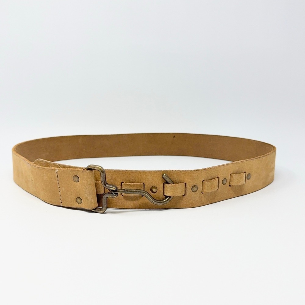 We The Free Free People Tan Leather Hook Eye Wide Waist Belt S/M Boho Distressed